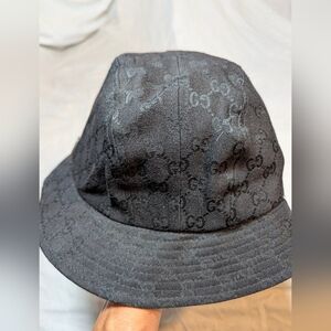 Gucci Vintage GG Bucket Hat black tonal monogram pattern Metal Logo Size XL